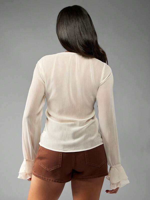 Missguided MISSGUIDED Sheer Chiffon Blouse With Ruffle Bell Sleeves