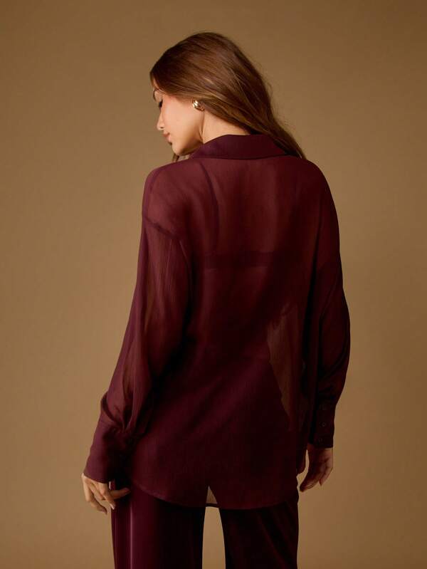 Missguided MISSGUIDED Sheer Chiffon Button Down Collared Oversized Blouse