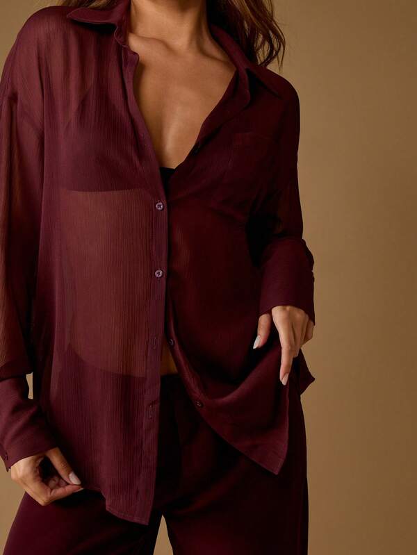 Missguided MISSGUIDED Sheer Chiffon Button Down Collared Oversized Blouse