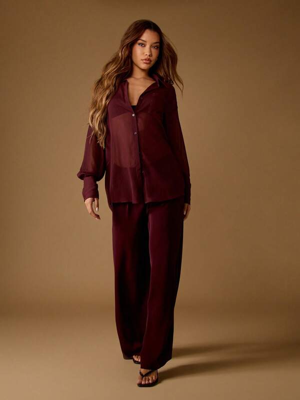 Missguided MISSGUIDED Sheer Chiffon Button Down Collared Oversized Blouse