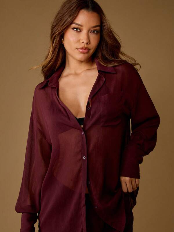 missguided MISSGUIDED Sheer Chiffon Button Down Collared Oversized Blouse