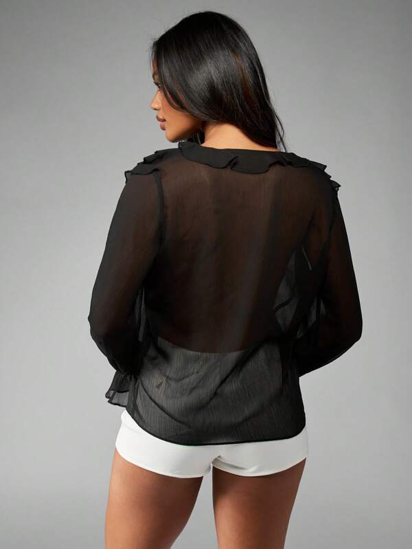 Missguided MISSGUIDED Sheer Chiffon Ruffle Button Down Long Sleeve Decorative Cascade Blouse