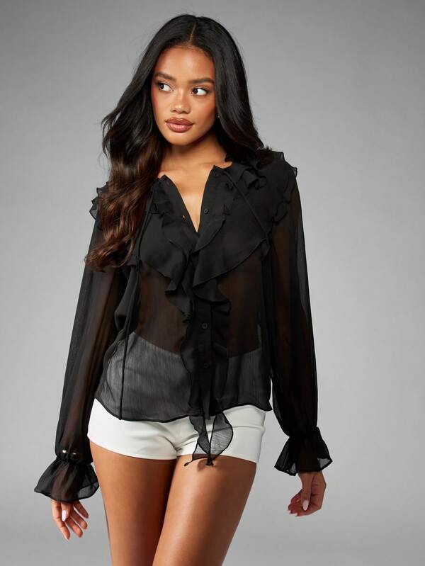 Missguided MISSGUIDED Sheer Chiffon Ruffle Button Down Long Sleeve Decorative Cascade Blouse