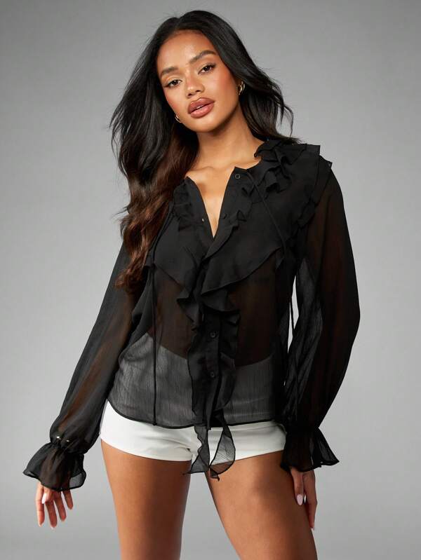 missguided MISSGUIDED Sheer Chiffon Ruffle Button Down Long Sleeve Decorative Cascade Blouse