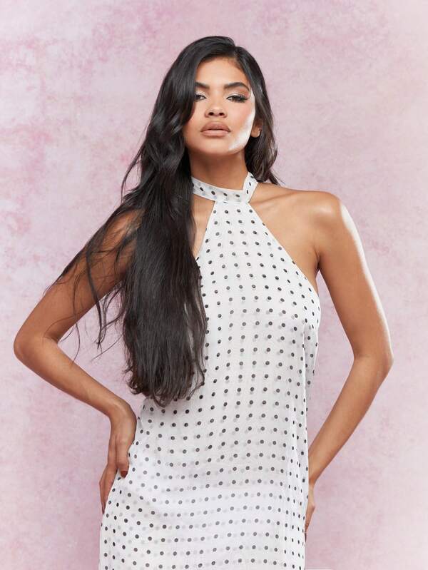 Missguided MISSGUIDED Sheer Double Layered Polka Dot Halter Neck Maxi Dress