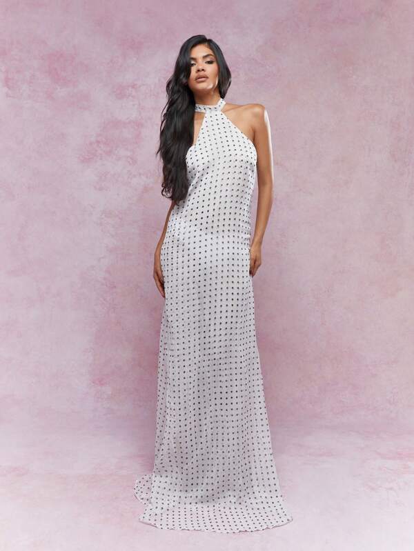 missguided MISSGUIDED Sheer Double Layered Polka Dot Halter Neck Maxi Dress
