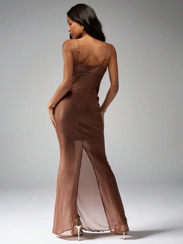 Missguided MISSGUIDED Sheer Draped Wrap Maxi Evening Dress With Adjustable Spaghetti Straps