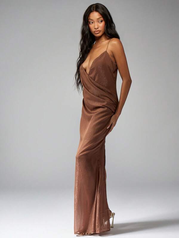 Missguided MISSGUIDED Sheer Draped Wrap Maxi Evening Dress With Adjustable Spaghetti Straps