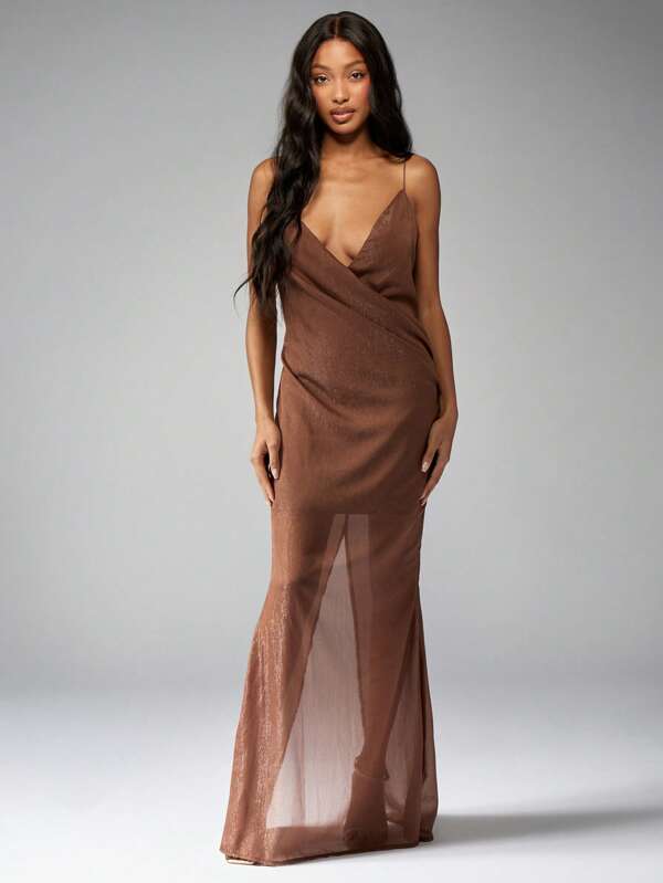 missguided MISSGUIDED Sheer Draped Wrap Maxi Evening Dress With Adjustable Spaghetti Straps