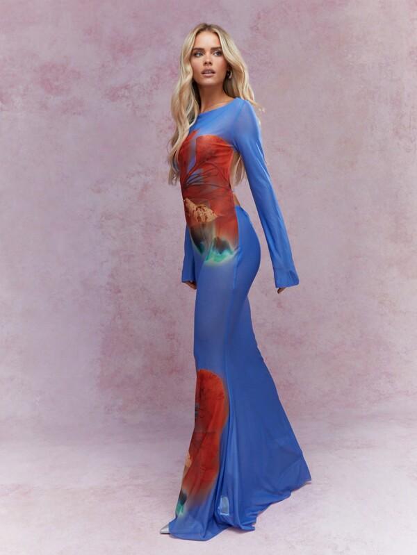missguided MISSGUIDED Sheer Graphic Print Mermaid Hem Backless Maxi Dress