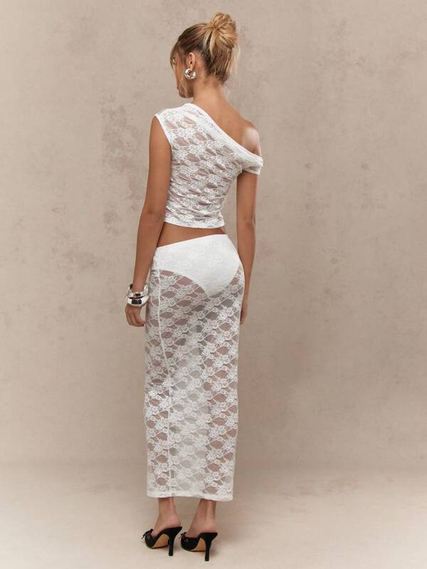 Missguided MISSGUIDED Sheer Lace Asymmetric Neckline Sleeveless Top And Bodycon Maxi Two Piece Co-Ord Set