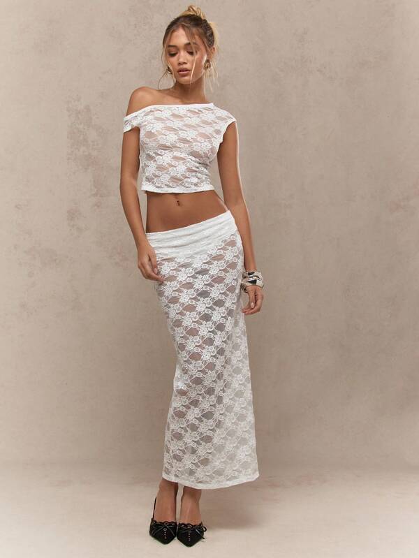 Missguided MISSGUIDED Sheer Lace Asymmetric Neckline Sleeveless Top And Bodycon Maxi Two Piece Co-Ord Set