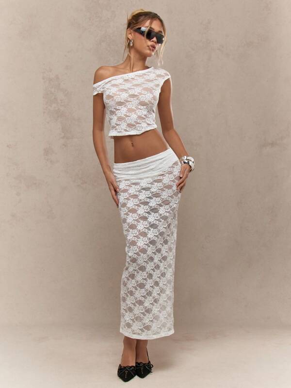 missguided MISSGUIDED Sheer Lace Asymmetric Neckline Sleeveless Top And Bodycon Maxi Two Piece Co-Ord Set