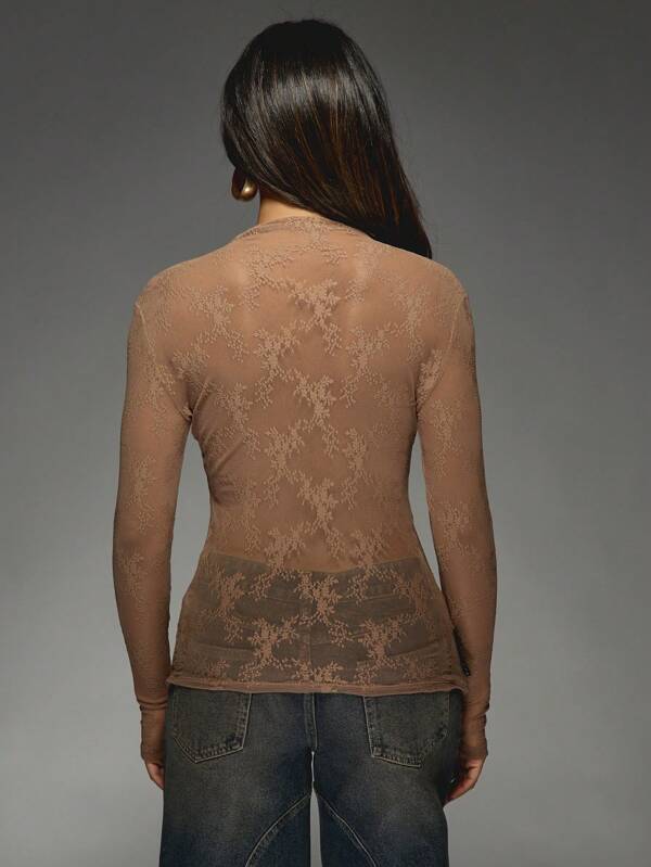 Missguided MISSGUIDED Sheer Lace Bodysuit With Long Sleeves