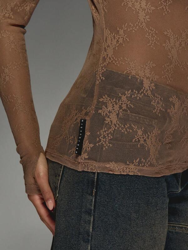 Missguided MISSGUIDED Sheer Lace Bodysuit With Long Sleeves