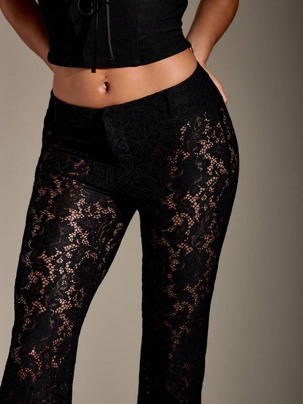 Missguided MISSGUIDED Sheer Lace Flare Pants With Intricate Floral Pattern