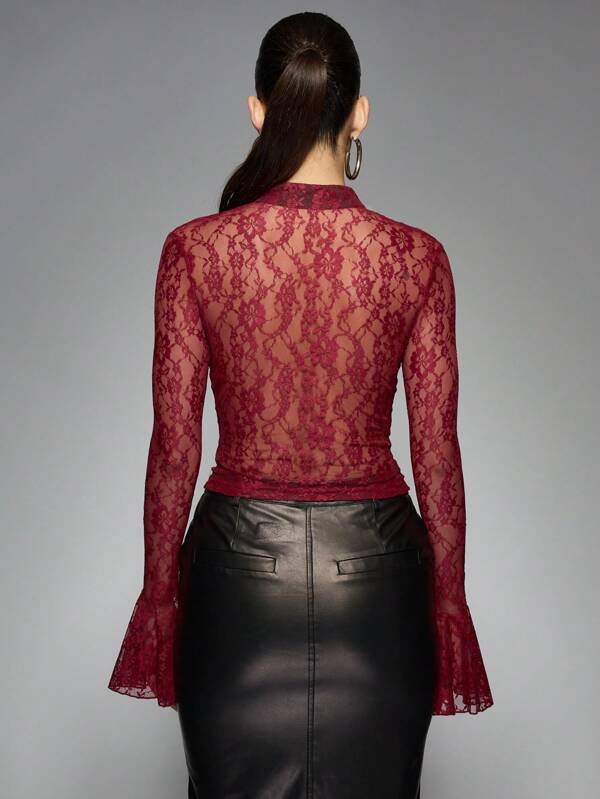 Missguided MISSGUIDED Sheer Lace Keyhole Front Long Bell Sleeves Top