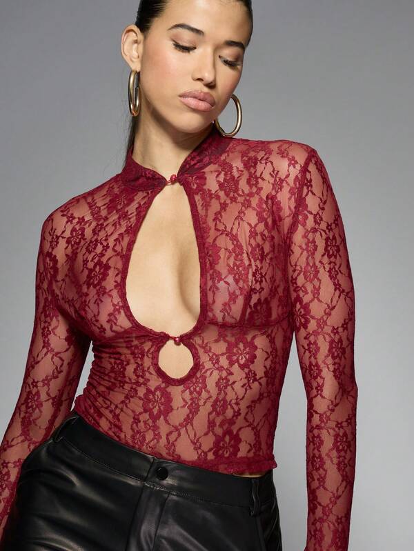 Missguided MISSGUIDED Sheer Lace Keyhole Front Long Bell Sleeves Top