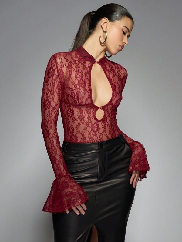 missguided MISSGUIDED Sheer Lace Keyhole Front Long Bell Sleeves Top