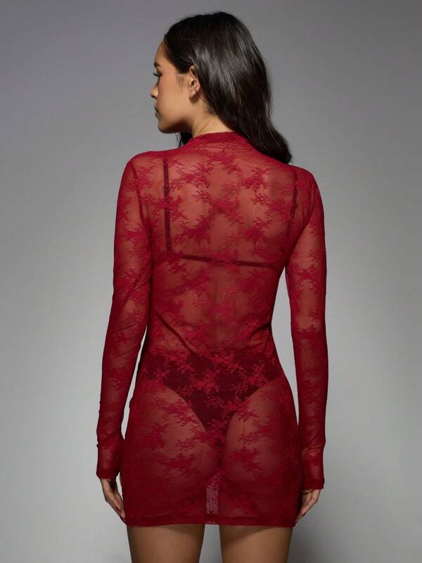 Missguided MISSGUIDED Sheer Lace Long Sleeve Bodycon See Through Mini Dresses