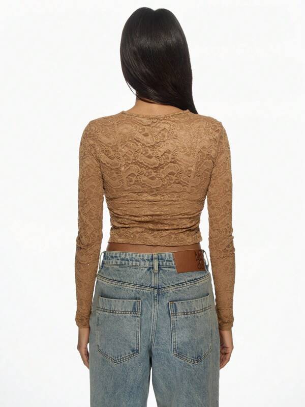 Missguided MISSGUIDED Sheer Lace Long Sleeve Crop Top