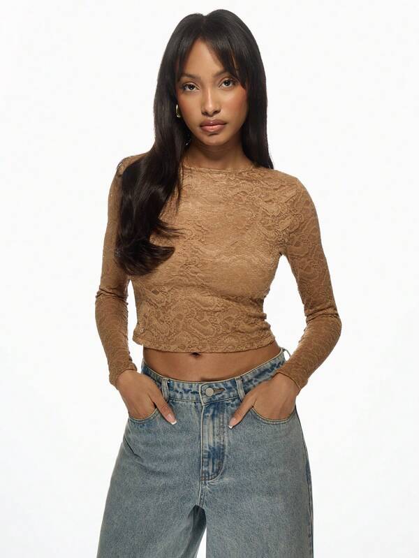 Missguided MISSGUIDED Sheer Lace Long Sleeve Crop Top