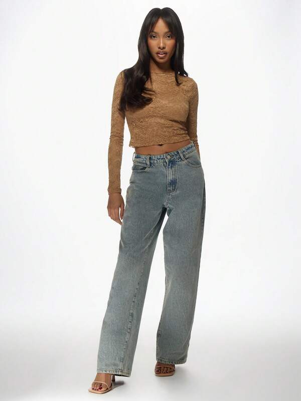 Missguided MISSGUIDED Sheer Lace Long Sleeve Crop Top