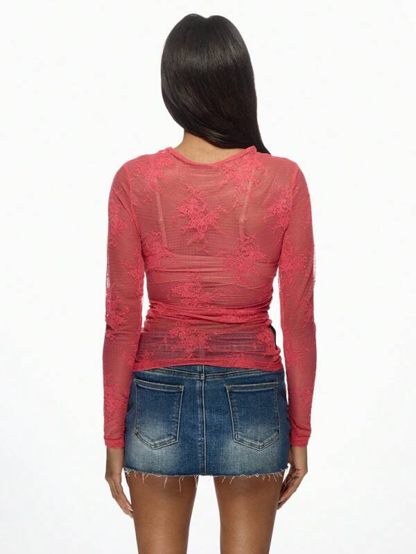 Missguided MISSGUIDED Sheer Lace Mesh Long Sleeve Fitted Elegant Top