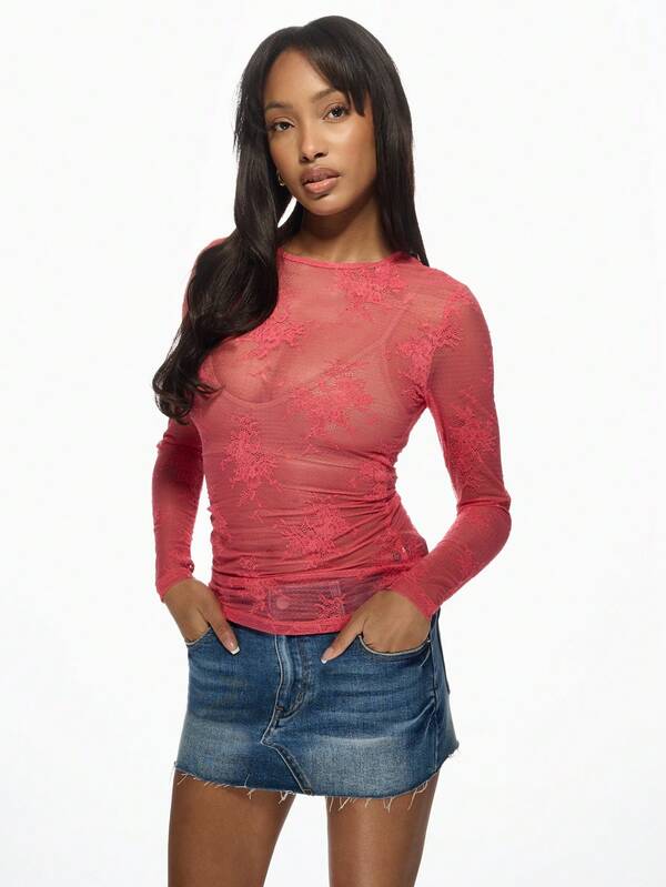 Missguided MISSGUIDED Sheer Lace Mesh Long Sleeve Fitted Elegant Top