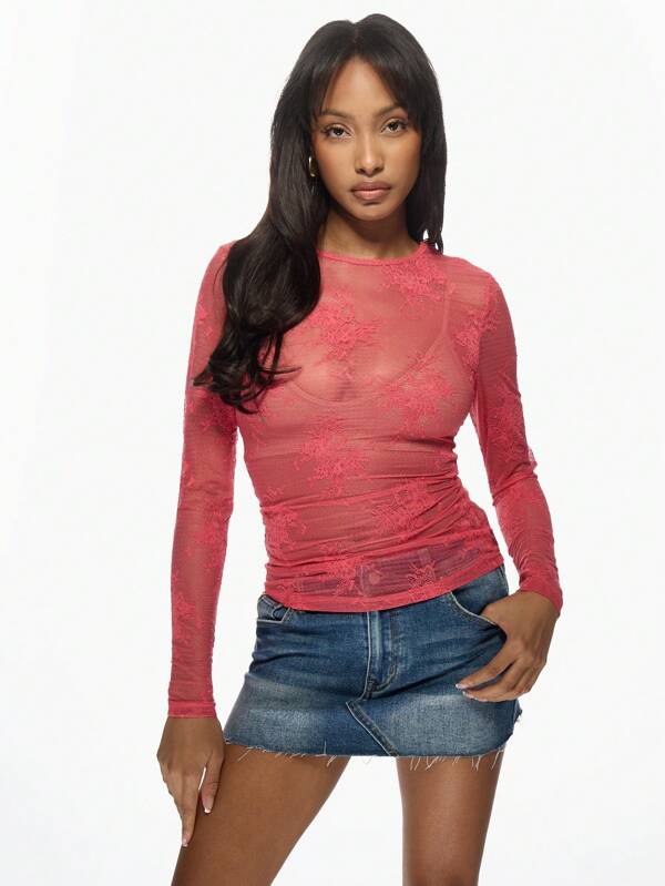 missguided MISSGUIDED Sheer Lace Mesh Long Sleeve Fitted Elegant Top