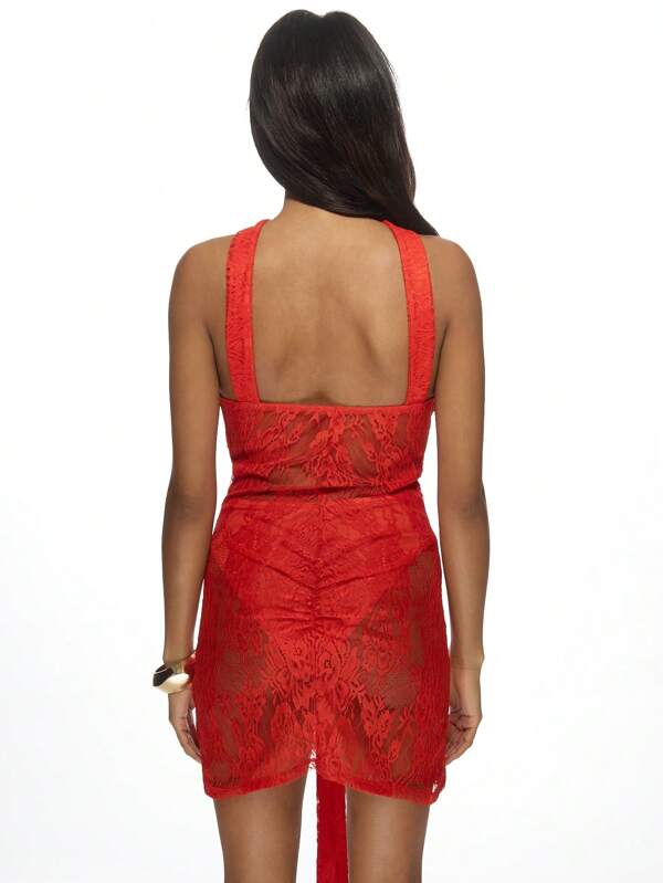 Missguided MISSGUIDED Sheer Lace Neck Band Twisted Knot Bust Cut Out Bandeau Mini Dress