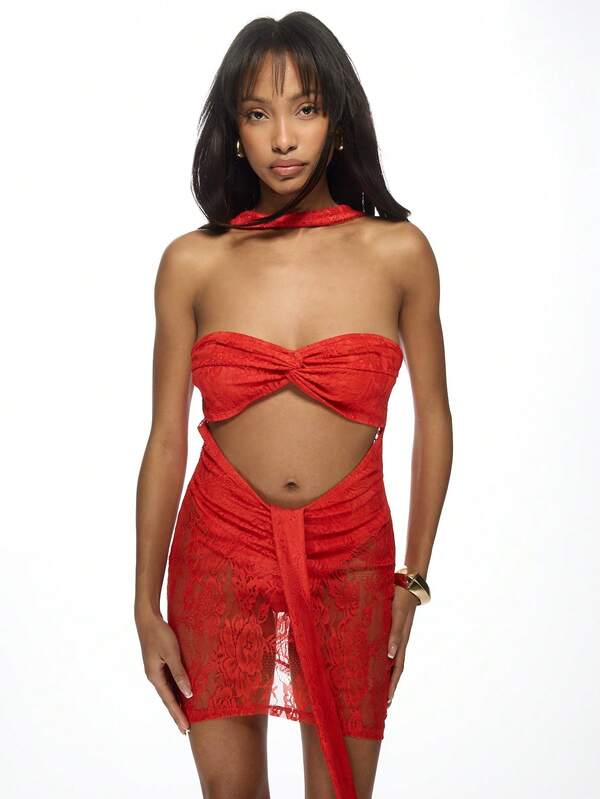 Missguided MISSGUIDED Sheer Lace Neck Band Twisted Knot Bust Cut Out Bandeau Mini Dress