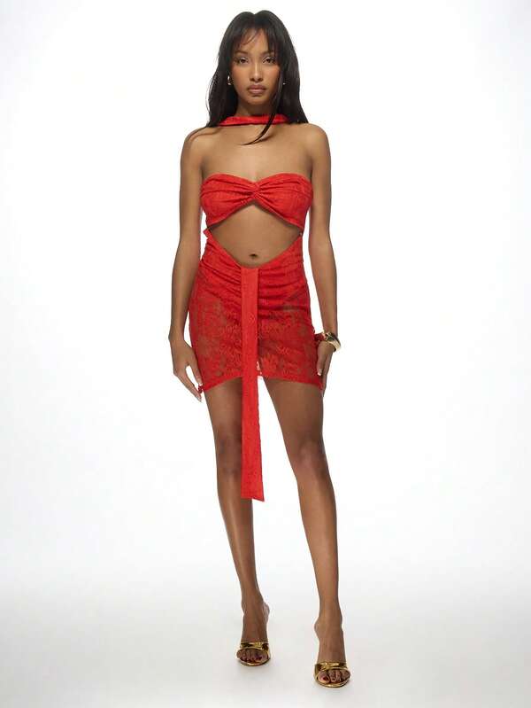 Missguided MISSGUIDED Sheer Lace Neck Band Twisted Knot Bust Cut Out Bandeau Mini Dress