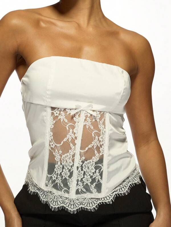 Missguided MISSGUIDED Sheer Lace Panel Scalloped Trim Top