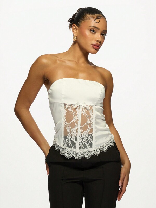 missguided MISSGUIDED Sheer Lace Panel Scalloped Trim Top