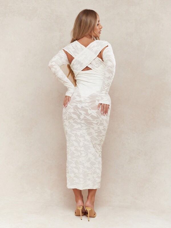 Missguided MISSGUIDED Sheer Lace Patter Cross Wrap Long Sleeves Bodycon Maxi Dress