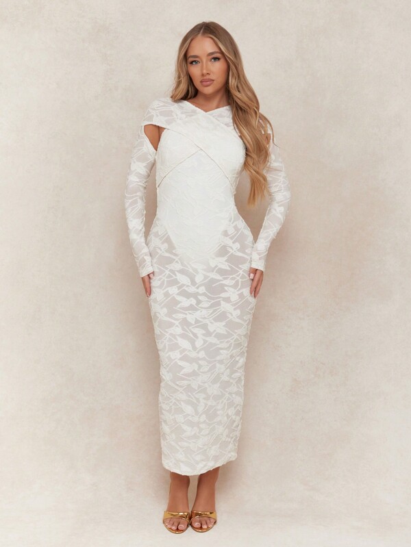 missguided MISSGUIDED Sheer Lace Patter Cross Wrap Long Sleeves Bodycon Maxi Dress
