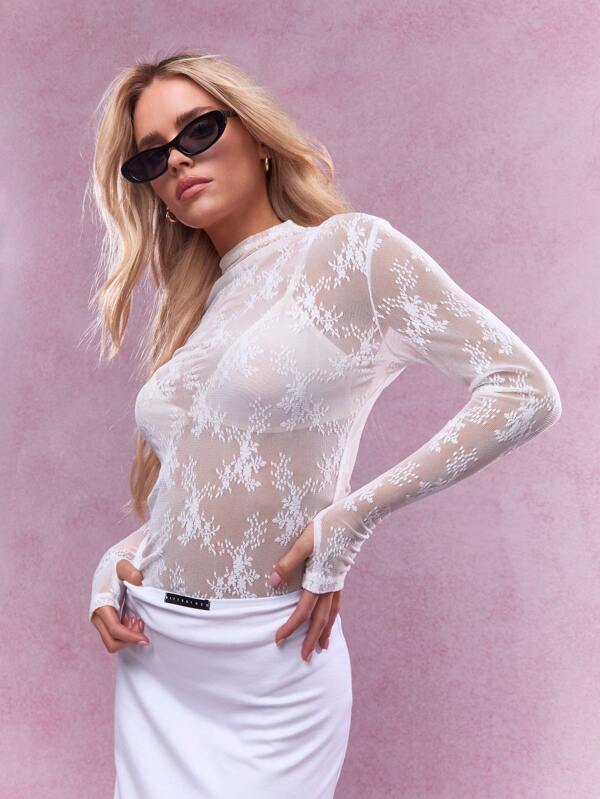 missguided MISSGUIDED Sheer Lace Polo Neck Long Sleeves Top See Through Toplace Long Sleevelace Bodysuitmesh Long Sleeve Top