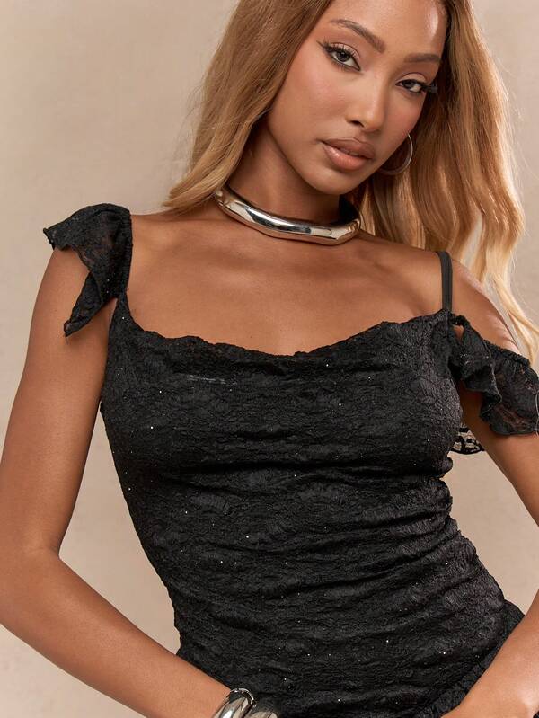Missguided MISSGUIDED Sheer Lace Sweetheart Neck Scoop Back Asymmetric Frill Detail Bodycon Mini Dress