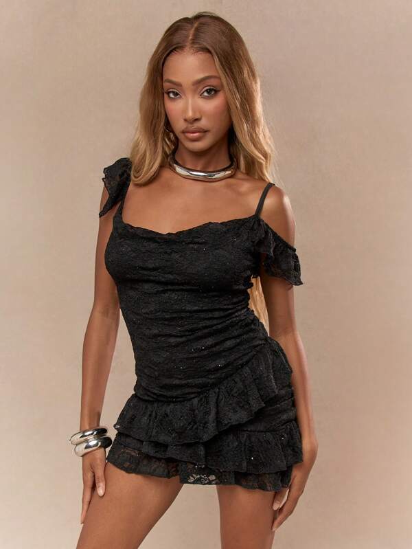 missguided MISSGUIDED Sheer Lace Sweetheart Neck Scoop Back Asymmetric Frill Detail Bodycon Mini Dress