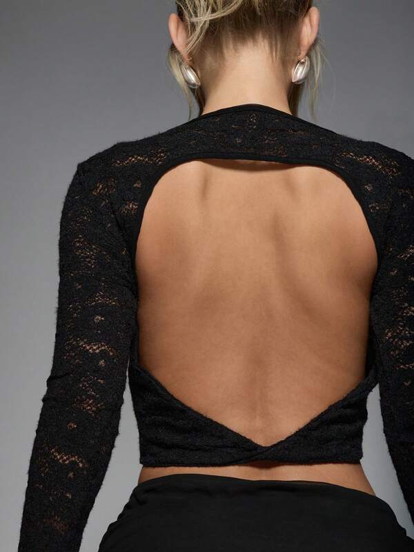 Missguided MISSGUIDED Sheer Lace Twist Back Long Sleeve Top