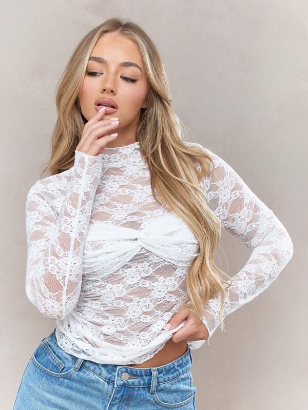 Missguided MISSGUIDED Sheer Lace Twist Knot Detail Bust Polo Neck Long Sleeves Top