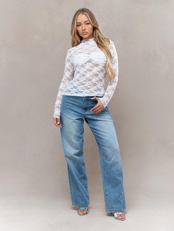 Missguided MISSGUIDED Sheer Lace Twist Knot Detail Bust Polo Neck Long Sleeves Top
