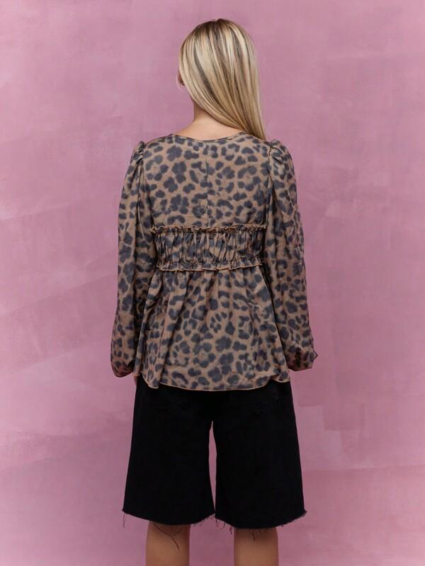 Missguided MISSGUIDED Sheer Leopard Print Ruched Bust Open Front Long Balloon Sleeves Blouse