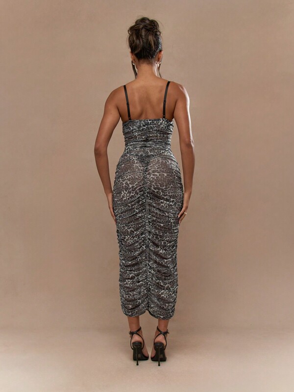 Missguided MISSGUIDED Sheer Leopard Print Sweetheart Neck Spaghetti Strap Ruched Midaxi Dress