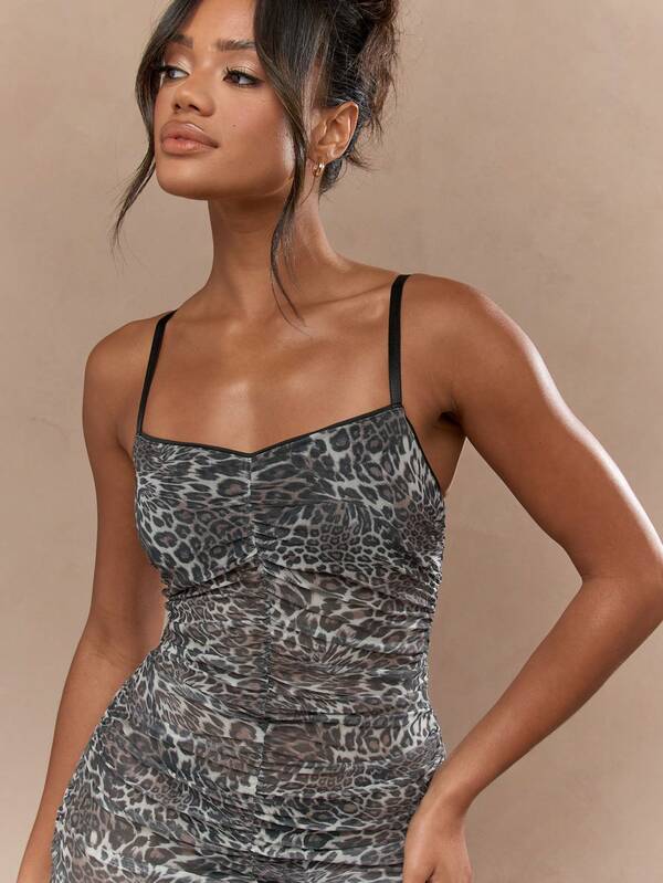 Missguided MISSGUIDED Sheer Leopard Print Sweetheart Neck Spaghetti Strap Ruched Midaxi Dress
