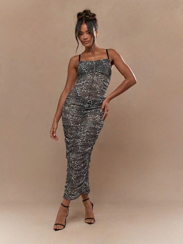 missguided MISSGUIDED Sheer Leopard Print Sweetheart Neck Spaghetti Strap Ruched Midaxi Dress