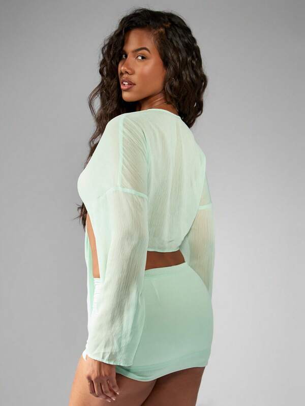 Missguided MISSGUIDED Sheer Long Sleeve Crop Top Shorts Two Piece Outfit