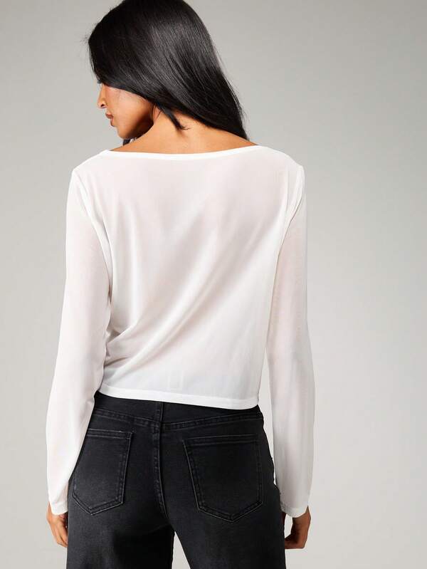 Missguided MISSGUIDED Sheer Long Sleeve Fitted Crop Top With Logo