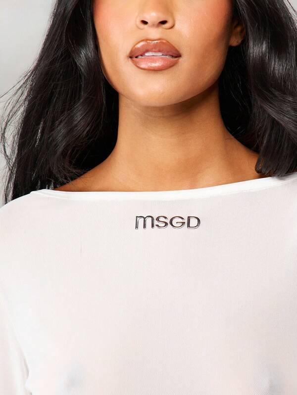 Missguided MISSGUIDED Sheer Long Sleeve Fitted Crop Top With Logo